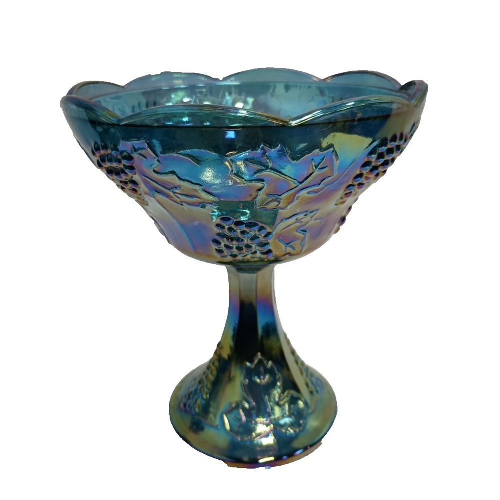 VTG Carnival Indiana Glass Blue Iridescent Grape Leaf Pedestal Compote Bowl MCM